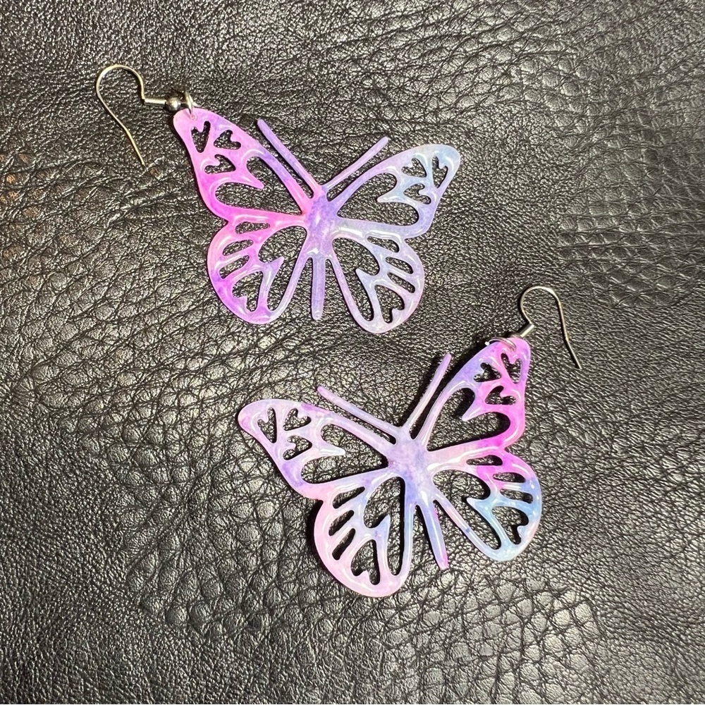 Handmade die cut paper butterfly water colored large dangle earrings Dolly